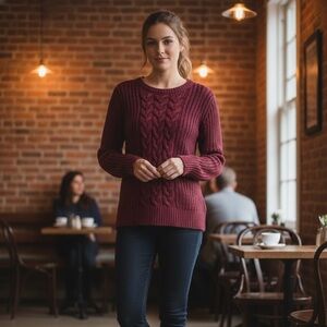 Nautica Women's Cable Knit Crewneck Sweater - Size M - Burgundy/Maroon